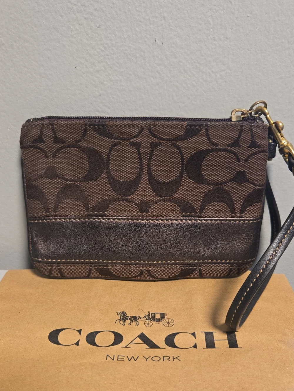 Coach Legacy Brown Signature Canvas Wristlet with Leather Trim
